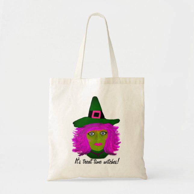 Funny Halloween Pink Hair Witch Budget Tote Bag (Front)