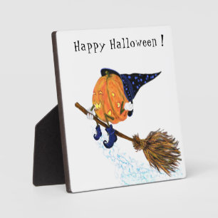 Funny Halloween Plaque with Witch Pumpkin Flying