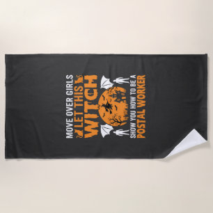 Funny Halloween Postal Worker Witch Cat Graphic Beach Towel
