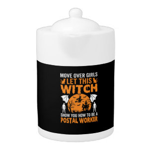 Funny Halloween Postal Worker Witch Cat Graphic Teapot