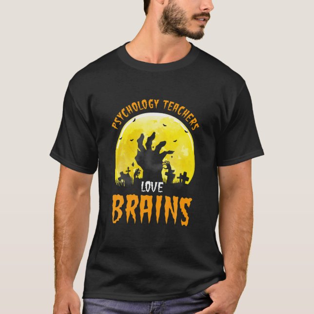 Funny Halloween Psychology Teachers Love Brains Co T-Shirt (Front)