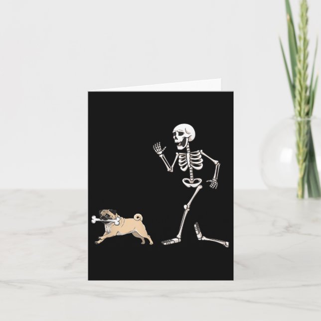 Funny Halloween Pug And Skeleton  Card (Front)