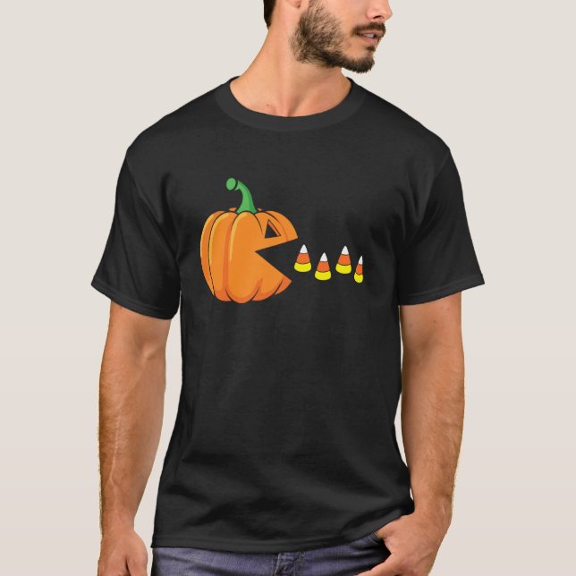 Funny Halloween Pumpkin Eating Candy Corn T-Shirt (Front)