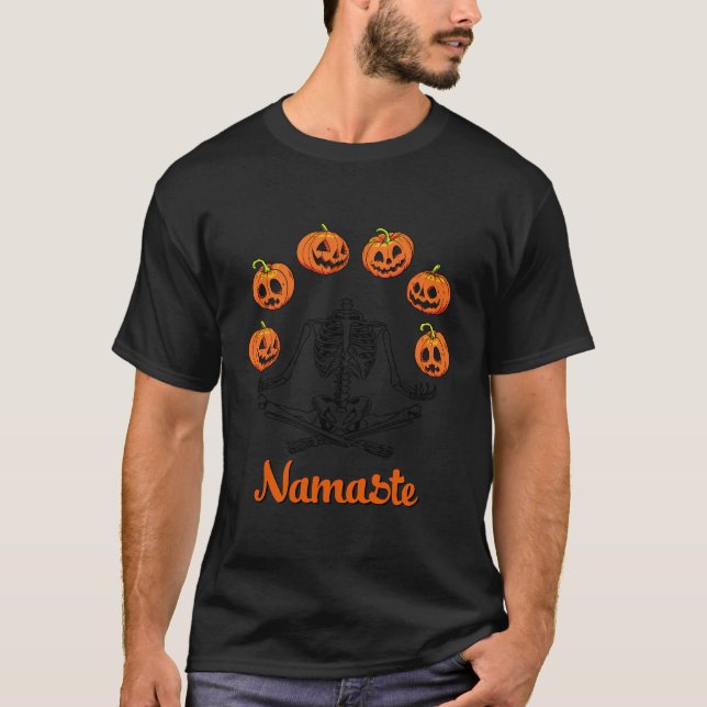 Funny Halloween Pumpkin Meditating Skeleton Namast T-Shirt (Front)