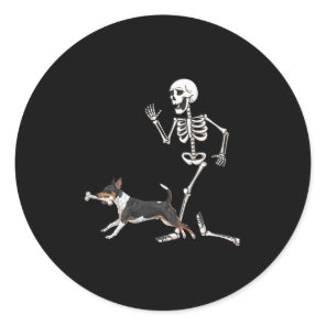 Funny Halloween Rat Terrier And Skeleton  Classic Round Sticker