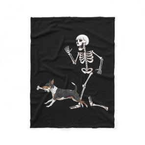 Funny Halloween Rat Terrier And Skeleton  Fleece Blanket