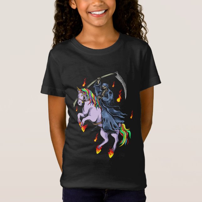 Funny Halloween Reaper rides Unicorn T-Shirt (Front)