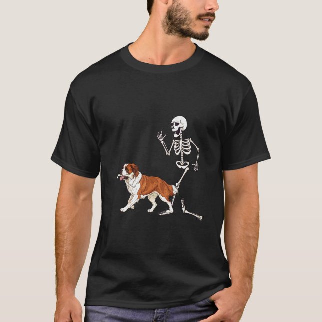Funny Halloween Saint Bernard and Skeleton T-Shirt (Front)
