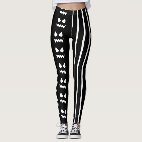 Funny Halloween Scary Pumpkin Face Black White Leggings