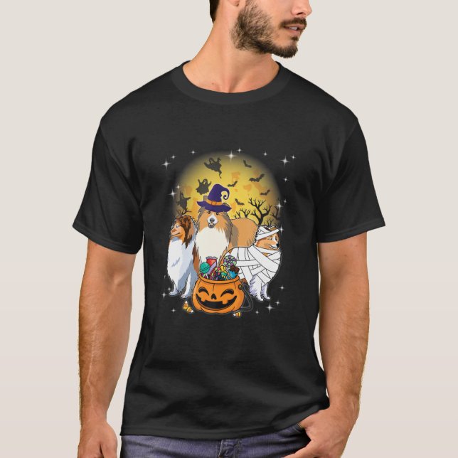 Funny Halloween Sheltie Witch Pumpkin Mummy Dog Lo T-Shirt (Front)