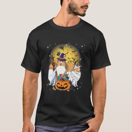 Funny Halloween Sheltie Witch Pumpkin Mummy Dog Lo T_Shirt