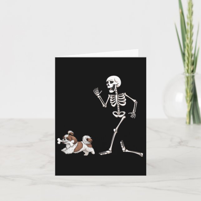 Funny Halloween Shih Tzu And Skeleton  Card (Front)
