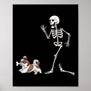 Funny Halloween Shih Tzu And Skeleton  Poster