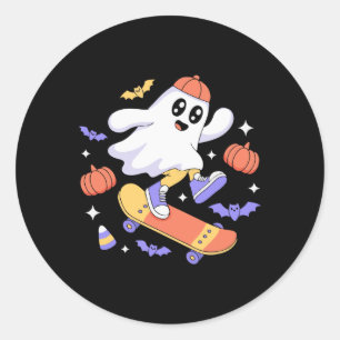 Funny Halloween Skateboard Ghost Design For Spooky Classic Round Sticker