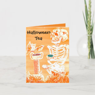 Funny Halloween Skeleton-Bat Tea Time Folded Card