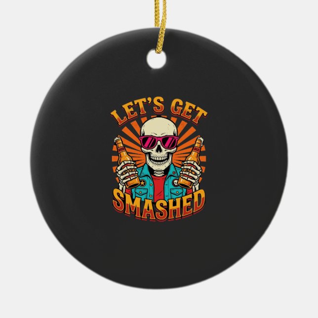 Funny Halloween Skeleton Beer Smashed Design_1 Ceramic Ornament (Front)
