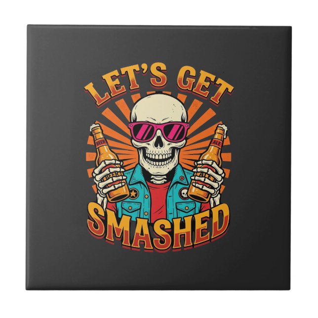 Funny Halloween Skeleton Beer Smashed Design_1 Ceramic Tile (Front)