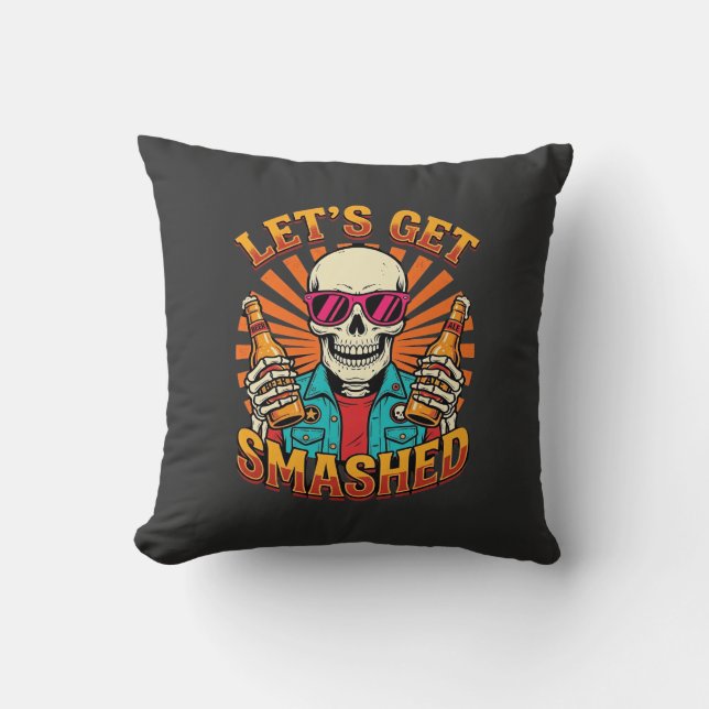 Funny Halloween Skeleton Beer Smashed Design_1 Throw Pillow (Front)