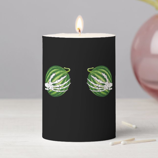 Funny Halloween Skeleton Hands Holding Melons Pillar Candle (In Situ)