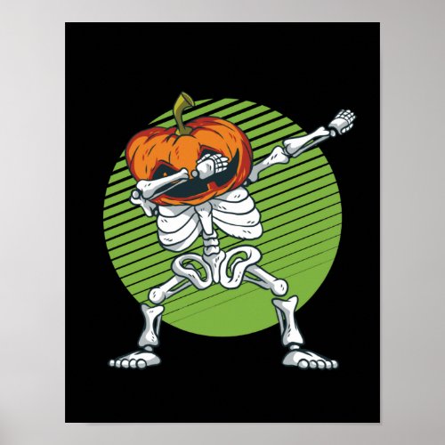 Funny Halloween Skeleton Pumpkin Head Dabbing Poster
