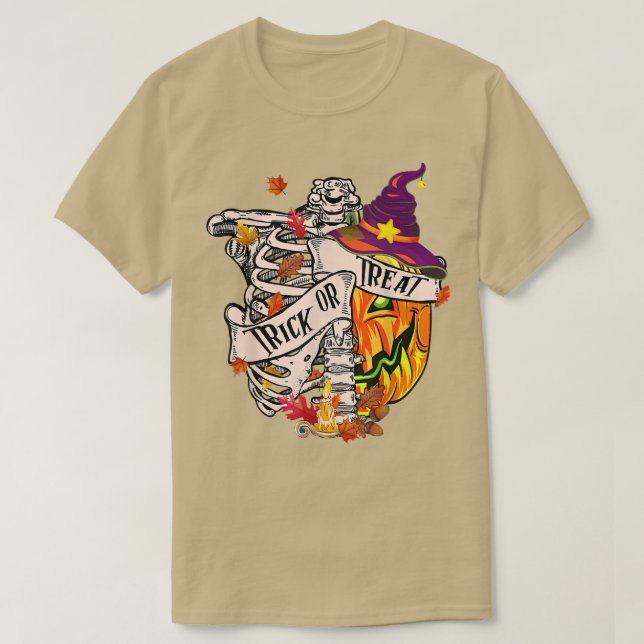 Funny Halloween Skeleton Trick Or Treat Happy Hall T-Shirt (Design Front)