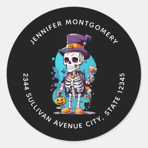 Funny Halloween Skeleton wearing Top Hat Address Classic Round Sticker