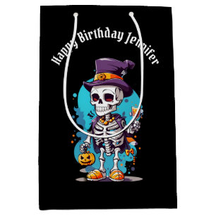 Funny Halloween Skeleton wearing Top Hat Birthday Medium Gift Bag