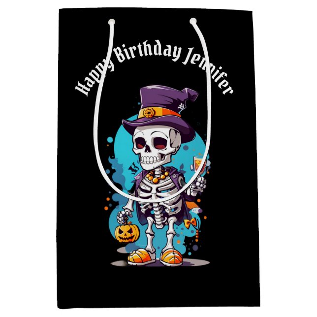 Funny Halloween Skeleton wearing Top Hat Birthday Medium Gift Bag (Front)