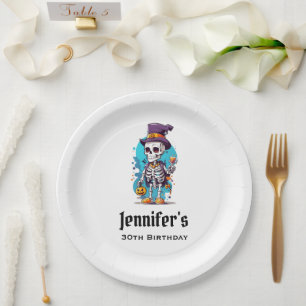 Funny Halloween Skeleton wearing Top Hat Birthday Paper Plates