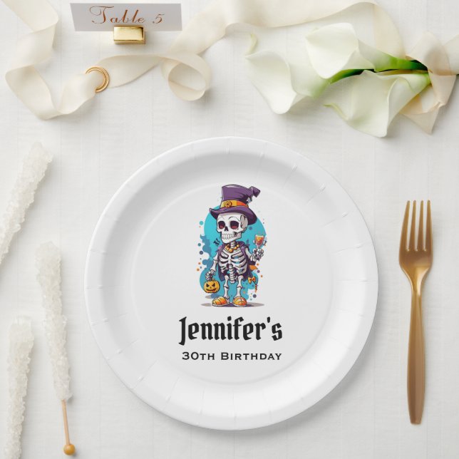 Funny Halloween Skeleton wearing Top Hat Birthday Paper Plates (Wedding)