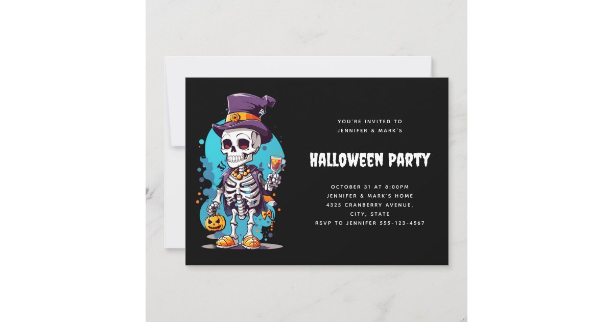 Funny Halloween Skeleton Wearing Top Hat Invitation 