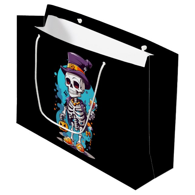 Funny Halloween Skeleton wearing Top Hat Large Gift Bag (Front Angled)