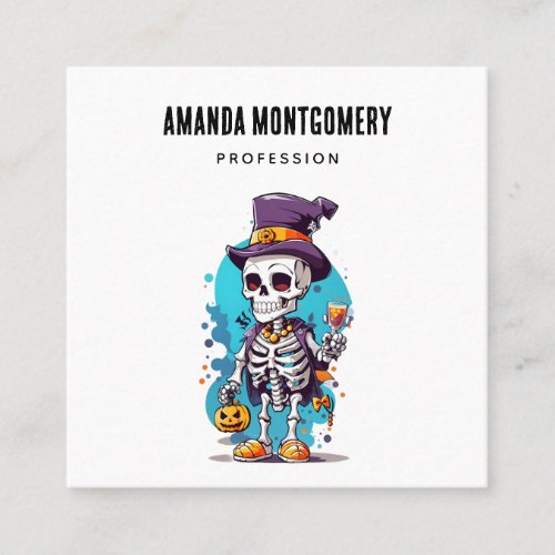 Funny Halloween Skeleton wearing Top Hat Square Business Card