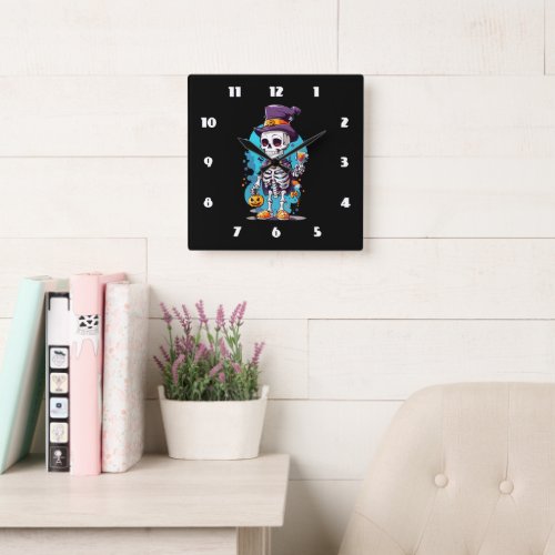 Funny Halloween Skeleton wearing Top Hat Square Wall Clock
