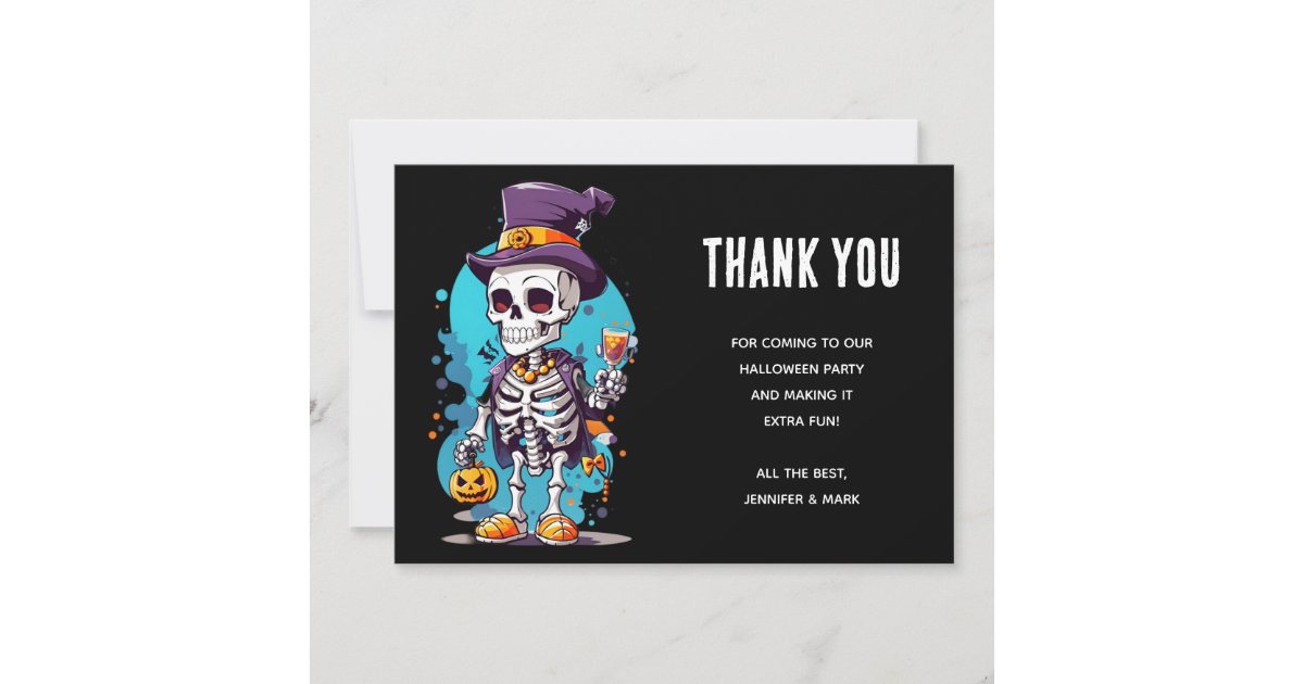 Funny Halloween Skeleton wearing Top Hat Thank You Card | Zazzle