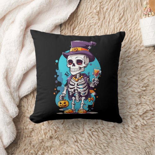 Funny Halloween Skeleton wearing Top Hat Throw Pillow