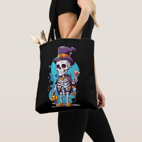 Funny Halloween Skeleton wearing Top Hat Tote Bag