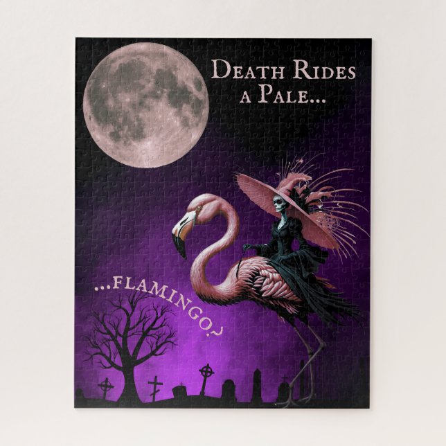 Funny Halloween Skeleton Witch and Flamingo Jigsaw Puzzle (Vertical)