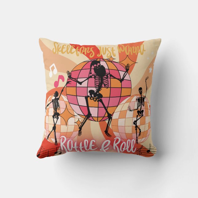 Funny Halloween Skeletons Just Wanna Rattle&Roll  Throw Pillow (Back)