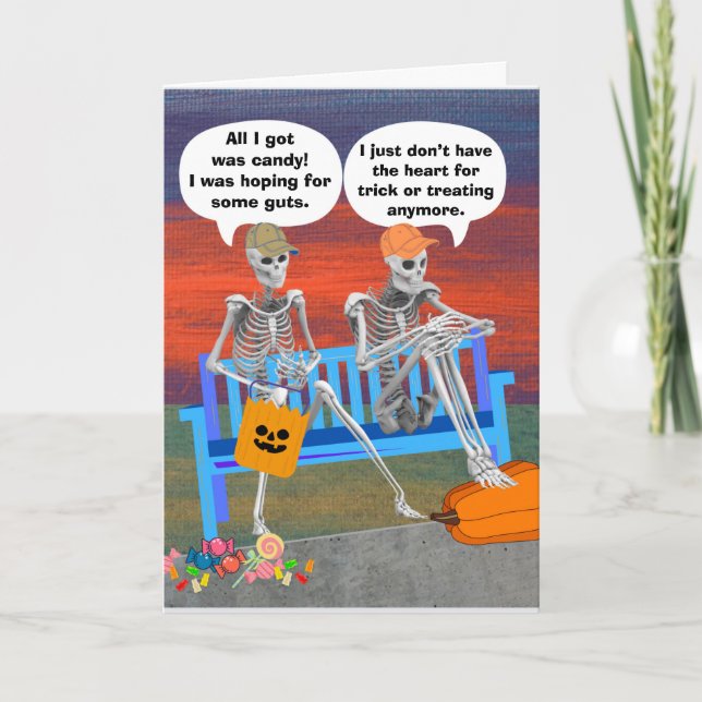 Funny Halloween Skeletons on Bench Card (Front)