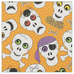 Funny Halloween Skulls on Orange Pattern Fabric