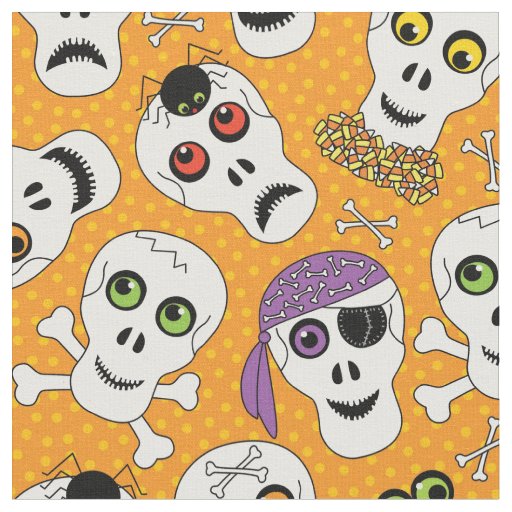 Funny Halloween Skulls on Orange Pattern Fabric