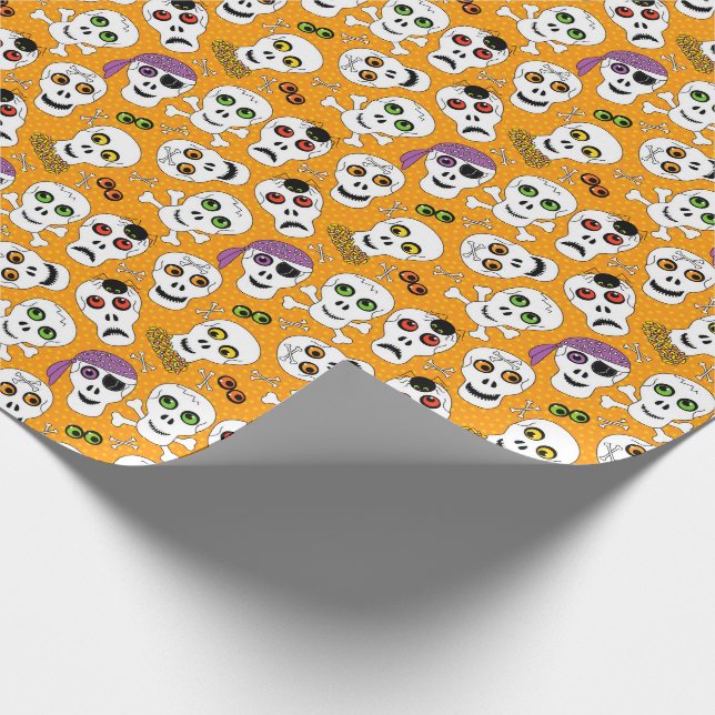 Funny Halloween Skulls on Orange Pattern Wrapping Paper (Corner)
