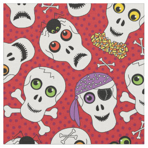 Funny Halloween Skulls on Red Pattern Fabric