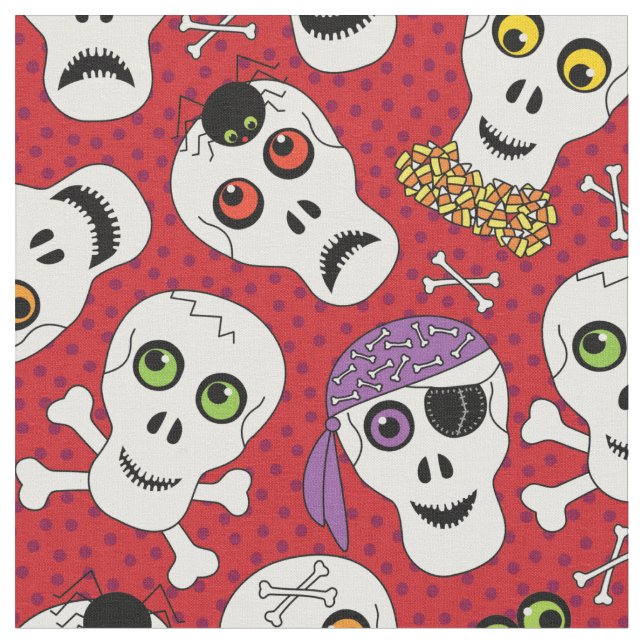 Funny Halloween Skulls on Red Pattern Fabric (Close Up)