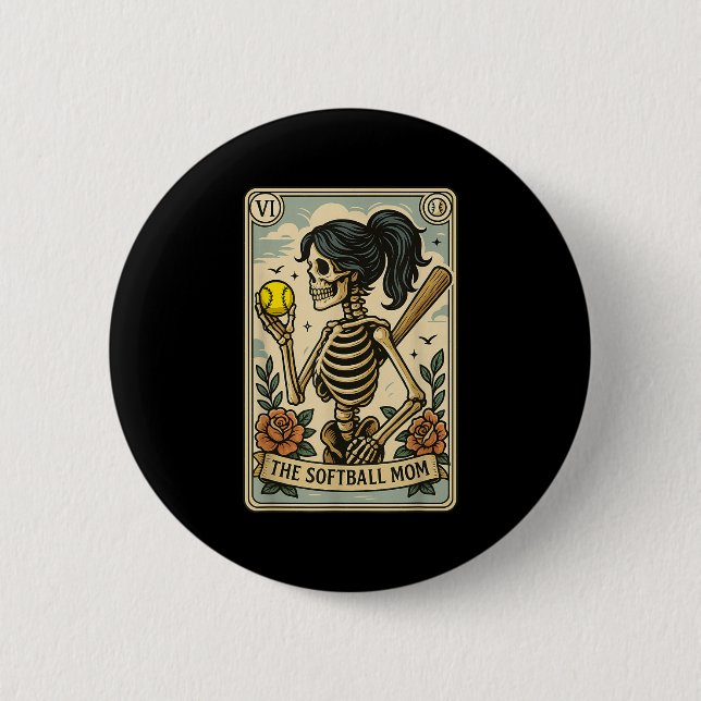 Funny Halloween Softball Mama Mom Skeleton Tarot C Button (Front)