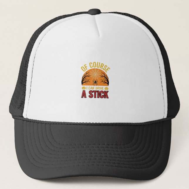 Funny Halloween Stick Shift Spider Web Shirt Desig Trucker Hat (Front)