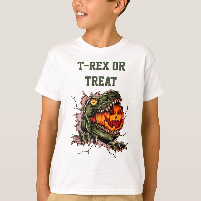 Funny Halloween T-rex Head Eats Pumpkin T-Shirt (Front)