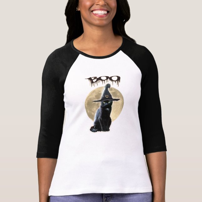 Funny Halloween t-shirt with black Cat and moon (Front)