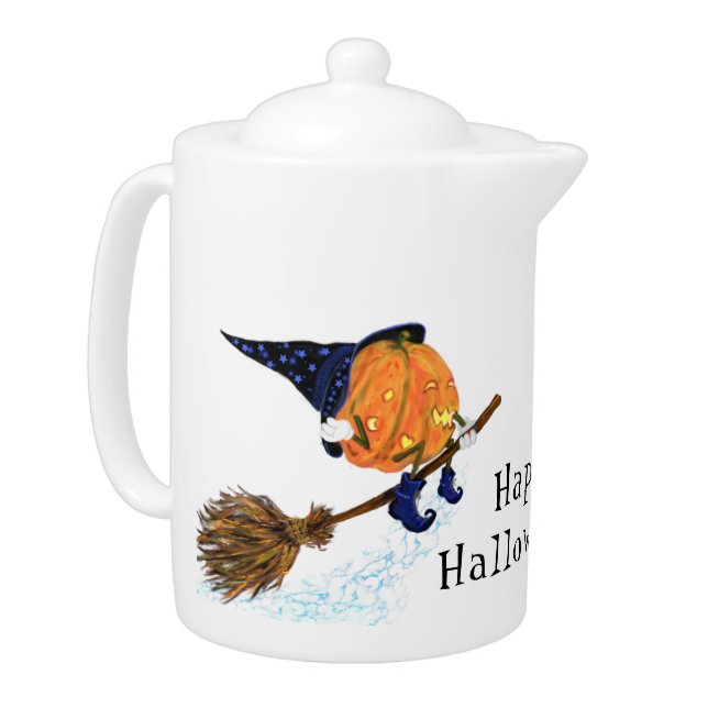 Funny Halloween Teapot Witch Pumpkin Flying (Left)
